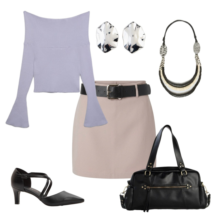 Outfit donna - Total look #2387114. Stile Chic per Ufficio. Abbinamento con décolleté, borse a mano, orecchini, collane, maglieria, minigonne.