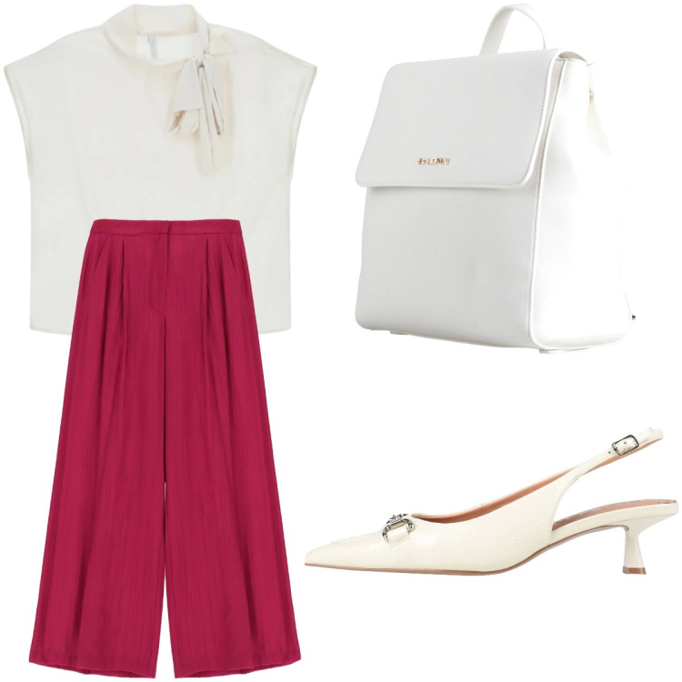 Outfit donna - Outfit da lavoro. Stile Casual chic per Ufficio. Abbinamento con zaini, décolleté, canottiere, pantaloni a palazzo.