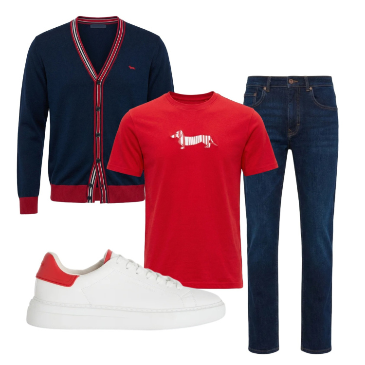 Outfit uomo - Total look #2387117. Stile Trendy per Tutti i giorni. Abbinamento con cardigans, sneakers, jeans, t-shirt.