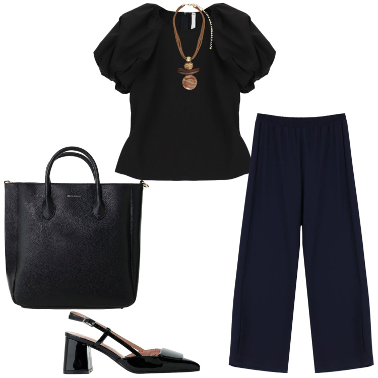 Outfit donna - Total look Imperial. Stile Casual chic per Serata fuori. Abbinamento con décolleté, borse a tracolla, bluse, pantaloni a palazzo, ciondoli.