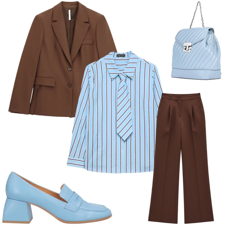 Outfit donna - Outfit per ufficio. Stile Casual chic per Ufficio. Abbinamento con zaini, mocassini, blazer, pantaloni a palazzo, camicie.