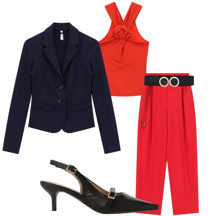 Outfit donna - Serata fuori. Stile Casual chic per Serata fuori. Abbinamento con blazer, sandali col tacco, canottiere, pantaloni a palazzo, cinture.