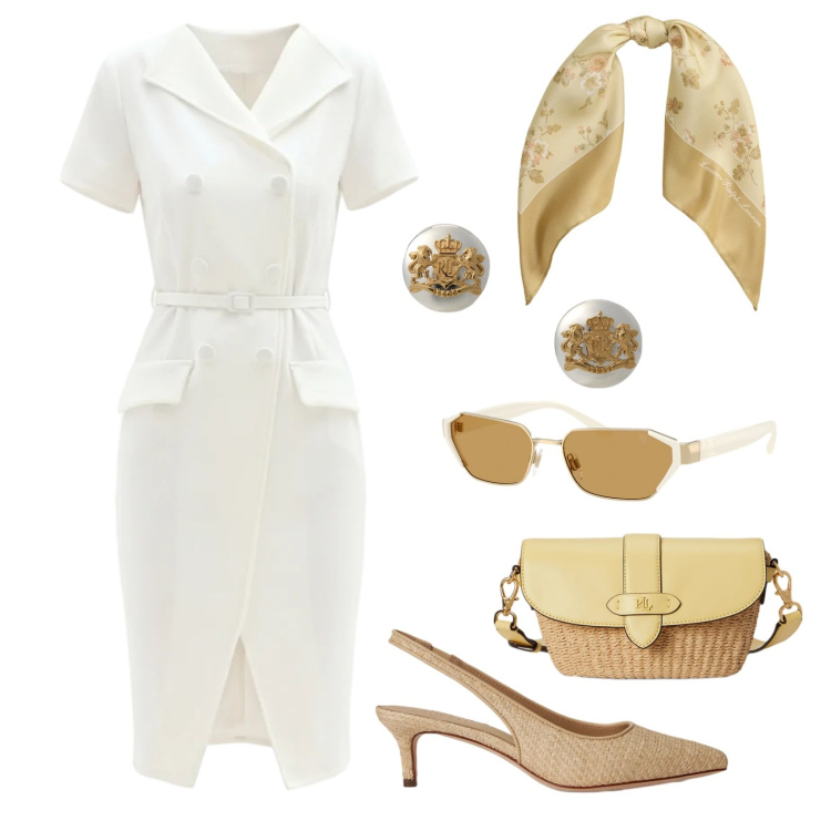Outfit donna - Spring elegance. Stile Chic per Cerimonia. Abbinamento con vestiti midi/longuette, orecchini, décolleté, borse a tracolla, occhiali da sole, foulard.
