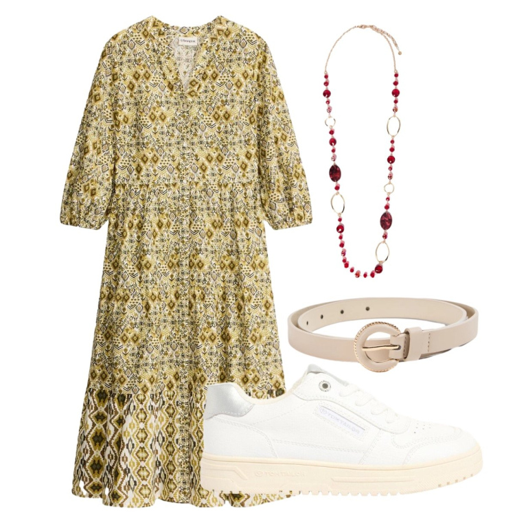 Outfit donna - Sneakers di primavera. Stile Etnico per Scuola/Università. Abbinamento con vestiti midi/longuette, sneakers, cinture, collane.