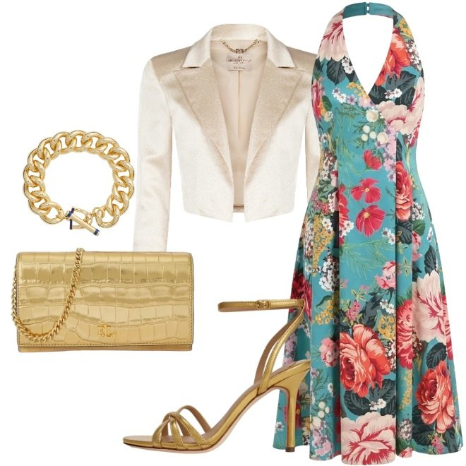 Outfit donna - Fiori con dettagli in oro. Stile Glamour per Cerimonia. Abbinamento con vestiti midi/longuette, bolero, braccialetti, sandali in pelle, borse a tracolla.