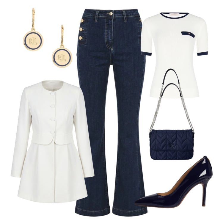 Outfit donna - Primavera con stile. Stile Chic per Tutti i giorni. Abbinamento con cappotti, t-shirt, jeans a zampa, orecchini, borse a tracolla, décolleté.