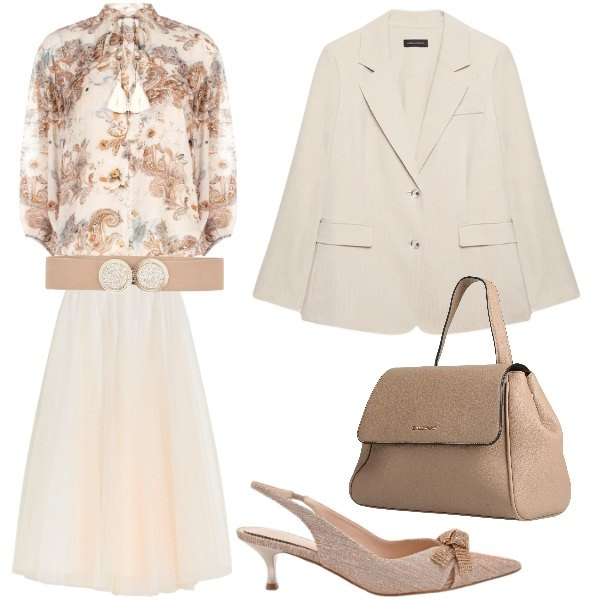 Outfit donna - Leggerezze a strati. Stile Glamour per Tutti i giorni. Abbinamento con zaini, gonne lunghe, blazer, décolleté, bluse, cinture.