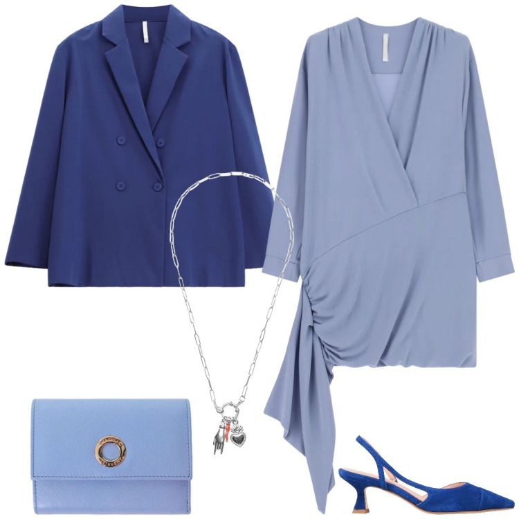 Outfit donna - Aperitivo. Stile Chic per Serata fuori. Abbinamento con décolleté, vestiti corti, blazer, portafogli, ciondoli.