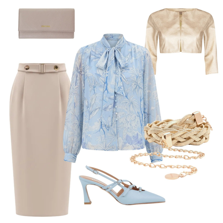Outfit donna - Cloud and sand. Stile Chic per Serata fuori. Abbinamento con décolleté, portafogli, bolero, cinture, gonne longuette, bluse.