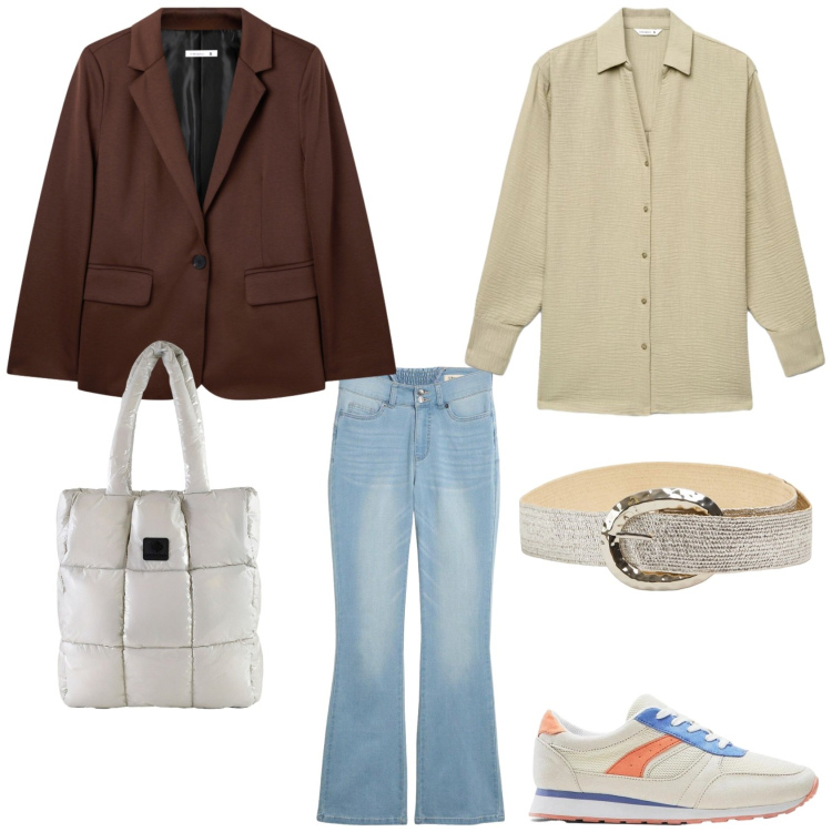 Outfit donna - Lo stile Urban. Stile Urban per Tutti i giorni. Abbinamento con jeans bootcut, sneakers, blazer, camicie, cinture, shopping bag.