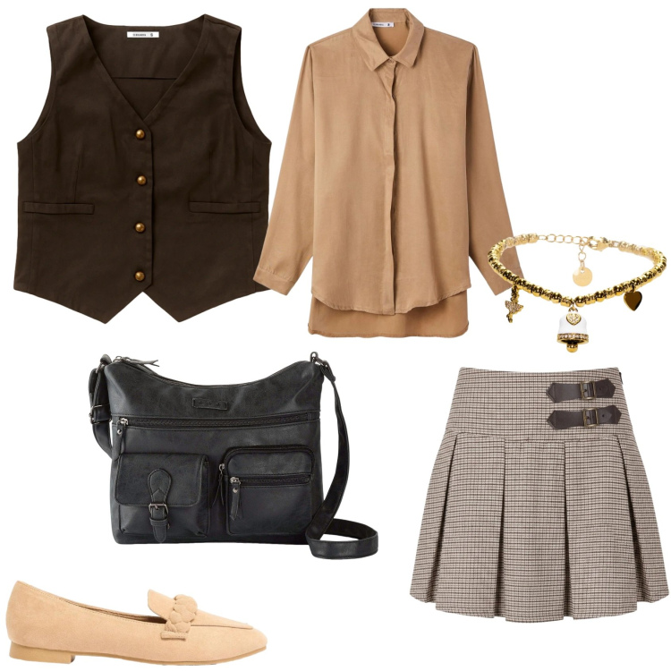 Outfit donna - Lo stile preppy. Stile Preppy per Tutti i giorni. Abbinamento con borse a tracolla, mocassini, gilet, camicie, minigonne, braccialetti.