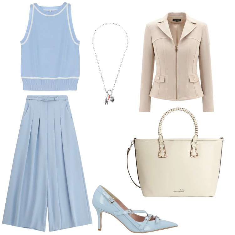 Outfit donna - Il celeste domina la scena. Stile Sporty chic per Serata fuori. Abbinamento con décolleté, shopping bag, top, pantaloni a palazzo, blazer, ciondoli.