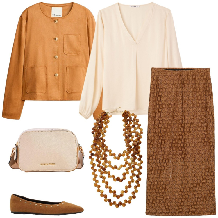 Outfit donna - Toni caramello. Stile Romantica per Tutti i giorni. Abbinamento con gonne lunghe, ballerine, blazer, borse a tracolla, bluse, collane.