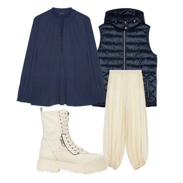 Outfit donna - Leggera ma d’impatto. Stile Urban per Tutti i giorni. Abbinamento con anfibi, pantaloni a palazzo, piumini, bluse.