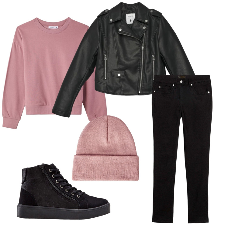 Outfit donna - Total look #2387162. Stile Casual per Tutti i giorni. Abbinamento con jeans dritti, sneakers alte, felpe, berretti, giacche.