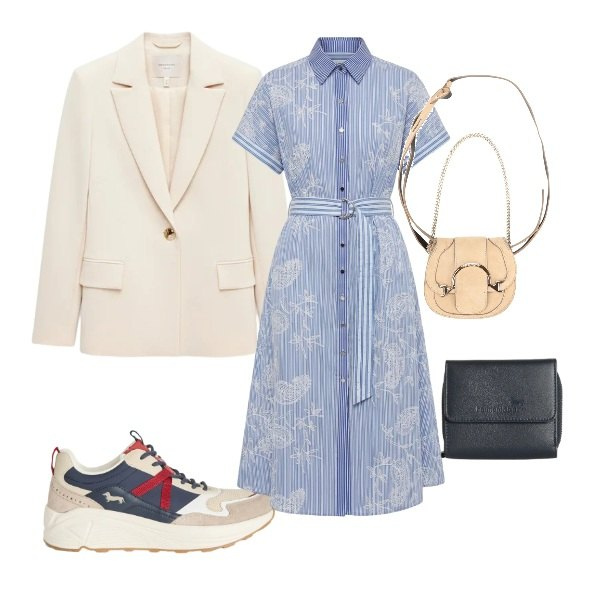 Outfit donna - Vestito chemisier. Stile Sporty chic per Scuola/Università. Abbinamento con marsupi, blazer, sneakers, portafogli, vestiti chemisier.