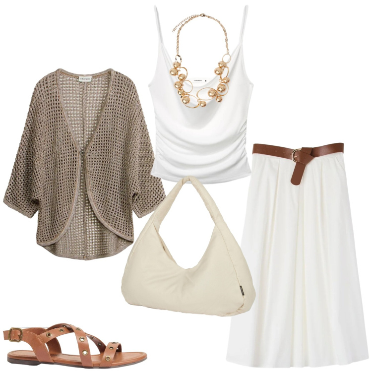 Outfit donna - Casual chic in primavera. Stile Casual chic per Tutti i giorni. Abbinamento con cardigans, sandali, gonne longuette, canottiere, collane, borse a spalla.