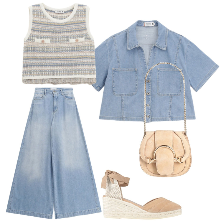 Outfit donna - Passeggiata in comodità. Stile Preppy per Tutti i giorni. Abbinamento con marsupi, espadrillas, camicie a manica corta, top, jeans.