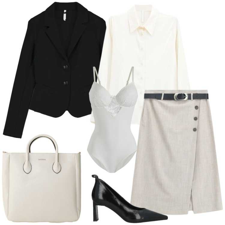 Outfit donna - Ufficio. Stile Chic per Ufficio. Abbinamento con décolleté, body, gonne longuette, blazer, camicie, borse a tracolla.