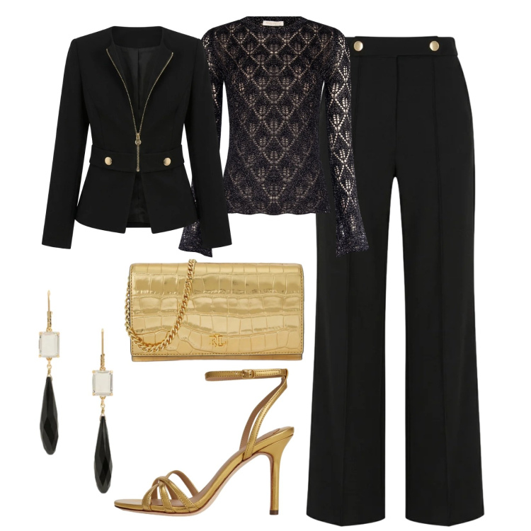 Outfit donna - Evento speciale. Stile Glamour per Serata fuori. Abbinamento con pantaloni, t-shirt, blazer, orecchini, sandali in pelle, borse a tracolla.