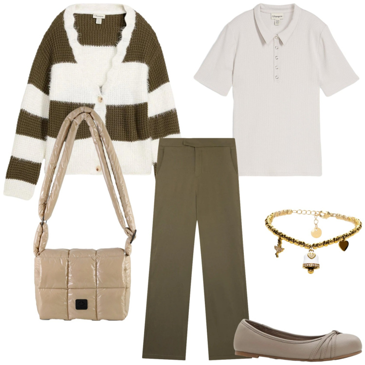 Outfit donna - Preppy style. Stile Preppy per Tutti i giorni. Abbinamento con cardigans, polo, ballerine, pantaloni, braccialetti, borse a spalla.