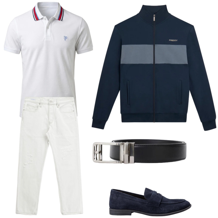 Outfit uomo - Il bello del bianco. Stile Trendy per Tutti i giorni. Abbinamento con polo, jeans dritti, cinture, felpe, scarpe stringate.