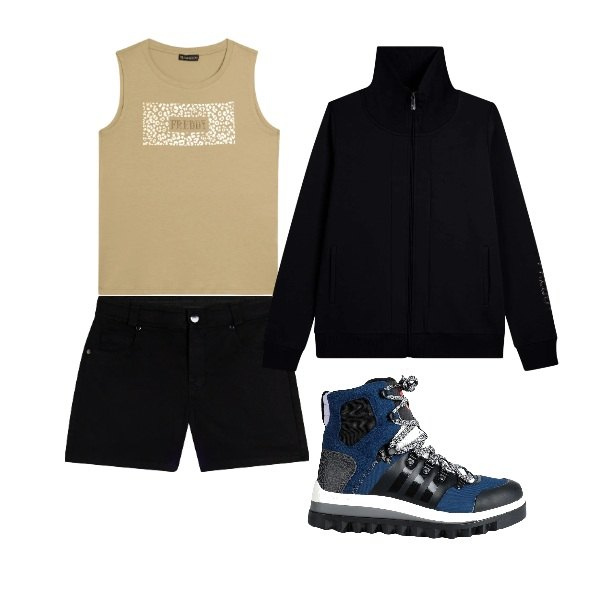 Outfit donna - Concerto all’aperto 2. Stile Trendy per Serata fuori. Abbinamento con stivaletti, shorts, top, felpe.