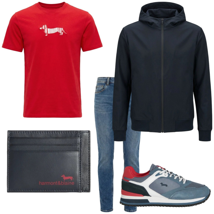 Outfit uomo - Il mio portacarte. Stile Casual per Tutti i giorni. Abbinamento con portafogli, jeans slim fit, t-shirt, sneakers, bomber.