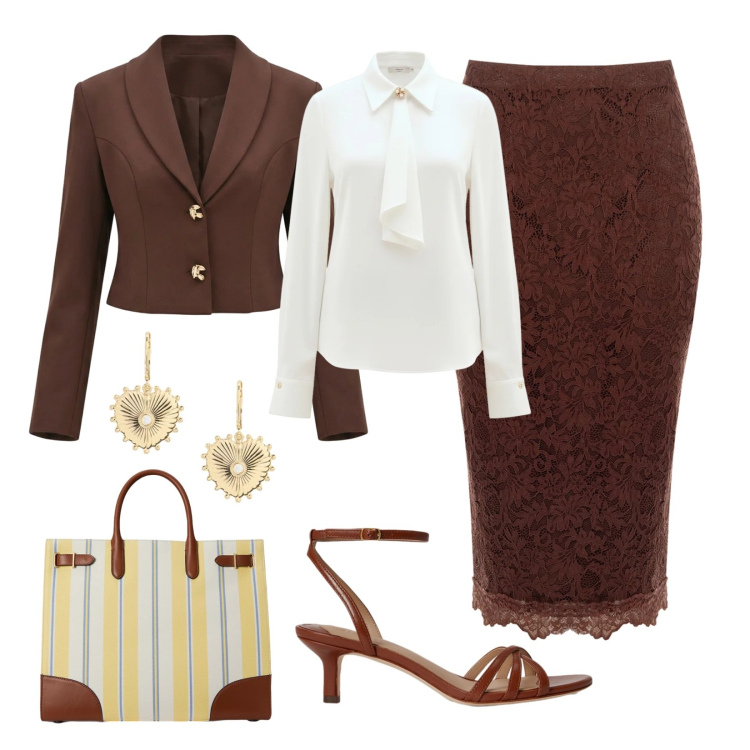 Outfit donna - Contemporary elegance. Stile Trendy per Cerimonia. Abbinamento con gonne longuette, camicie, blazer, orecchini, borse tote, sandali in pelle.