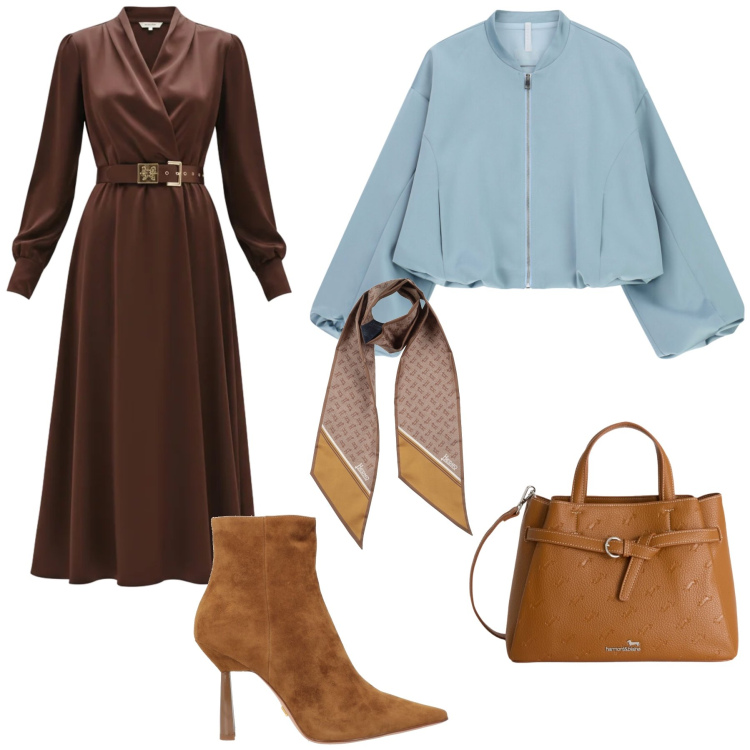 Outfit donna - Ad un evento. Stile Chic per Serata fuori. Abbinamento con sciarpe, stivaletti, bomber, vestiti midi/longuette, borse a mano.
