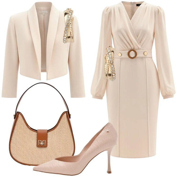 Outfit donna - Rinascimento Spring Elegance. Stile Chic per Cerimonia. Abbinamento con vestiti a tubino, borse a spalla, décolleté, bolero, orecchini.