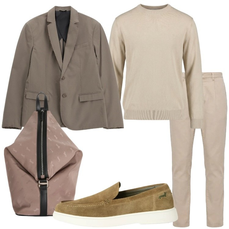 Outfit uomo - Smart casual toni naturali. Stile Casual per Ufficio. Abbinamento con giacche, borse sportive, pantaloni, maglieria, scarpe stringate.