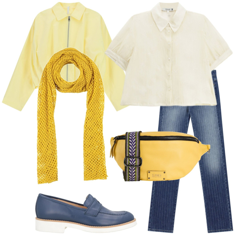 Outfit donna - Gioia. Stile Trendy per Tutti i giorni. Abbinamento con marsupi, sciarpe, mocassini, jeans, camicie a manica corta, bomber.