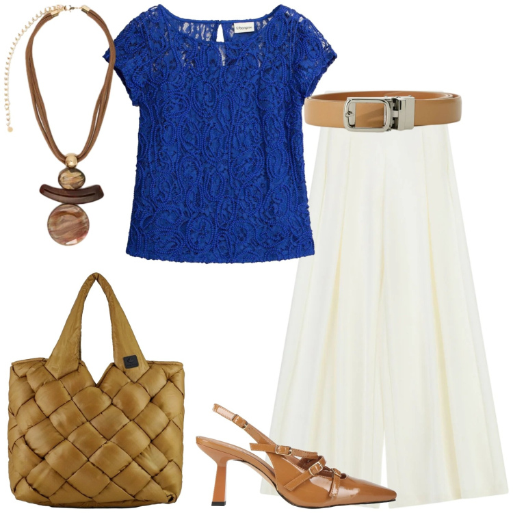 Outfit donna - Total look #2387186. Stile Chic per Serata fuori. Abbinamento con décolleté, t-shirt, ciondoli, pantaloni a palazzo, cinture, borse tote.