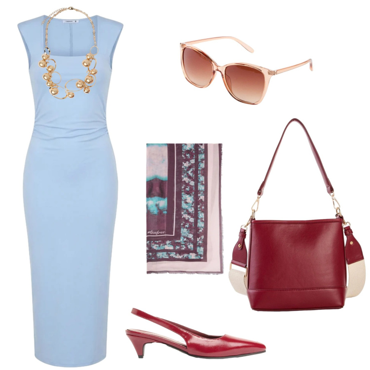 Outfit donna - L\'elegante sobrietà. Stile Glamour per Serata fuori. Abbinamento con décolleté, borse a tracolla, occhiali da sole, vestiti midi/longuette, foulard, collane.