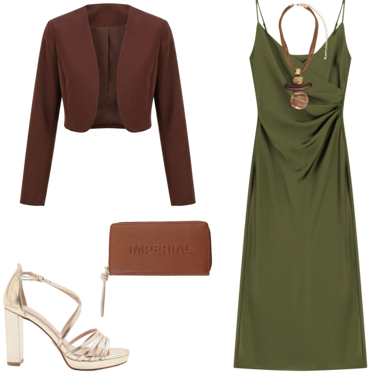 Outfit donna - Per una serata fuori. Stile Glamour per Serata fuori. Abbinamento con ciondoli, portafogli, vestiti midi/longuette, sandali col tacco, bolero.