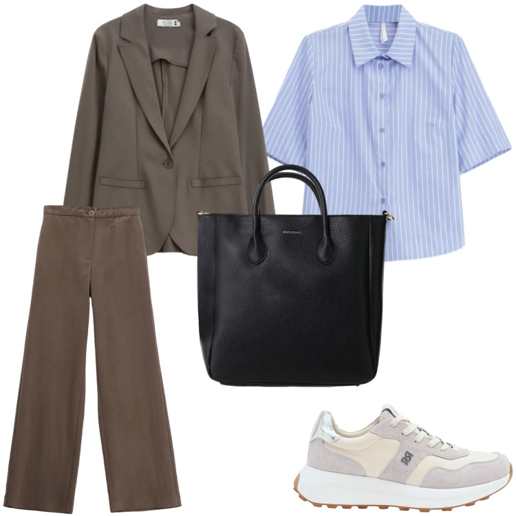 Outfit donna - Un outfit da ufficio in primavera. Stile Mannish per Ufficio. Abbinamento con pantaloni a palazzo, camicie a manica corta, borse a tracolla, sneakers, blazer.