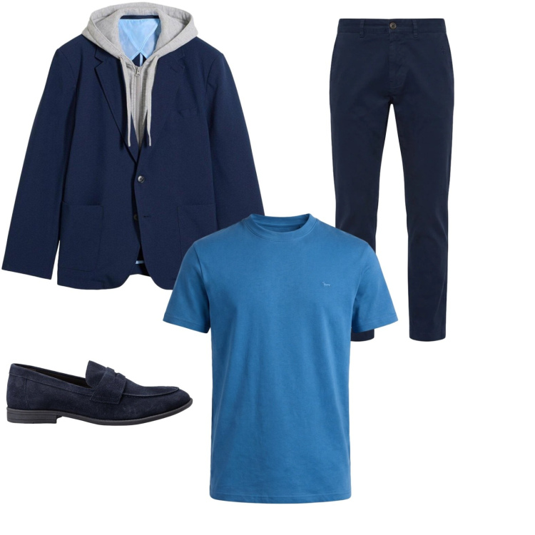 Outfit uomo - Il blu funziona sempre. Stile Casual per Tutti i giorni. Abbinamento con giacche, t-shirt, pantaloni, scarpe stringate.