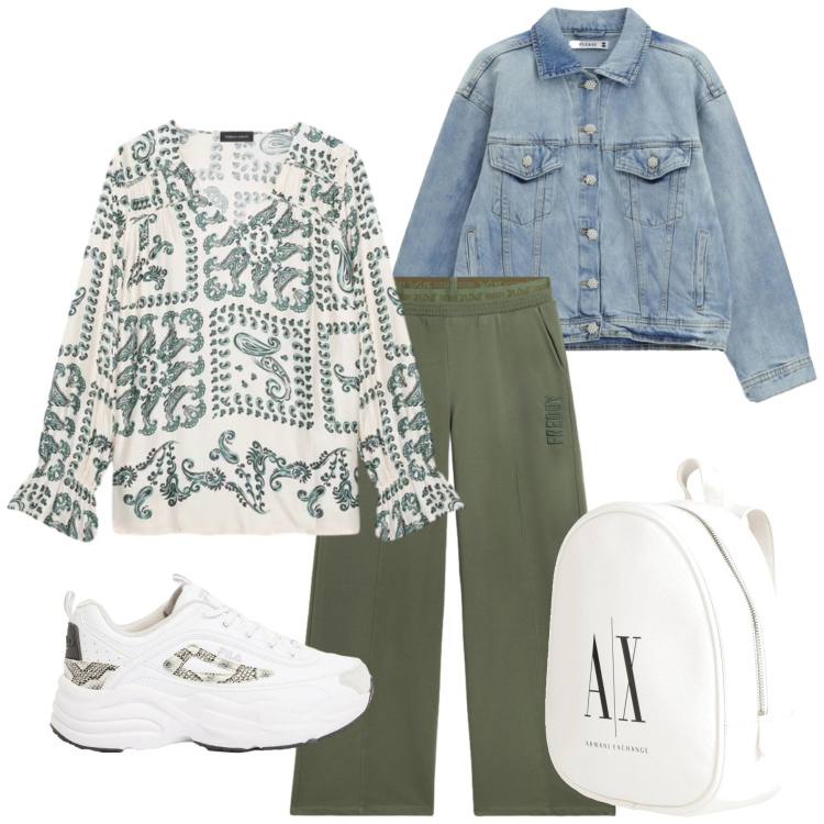 Outfit donna - Total look #2387208. Stile Sporty chic per Tutti i giorni. Abbinamento con zaini, sneakers, bluse, blazer, pantaloni.
