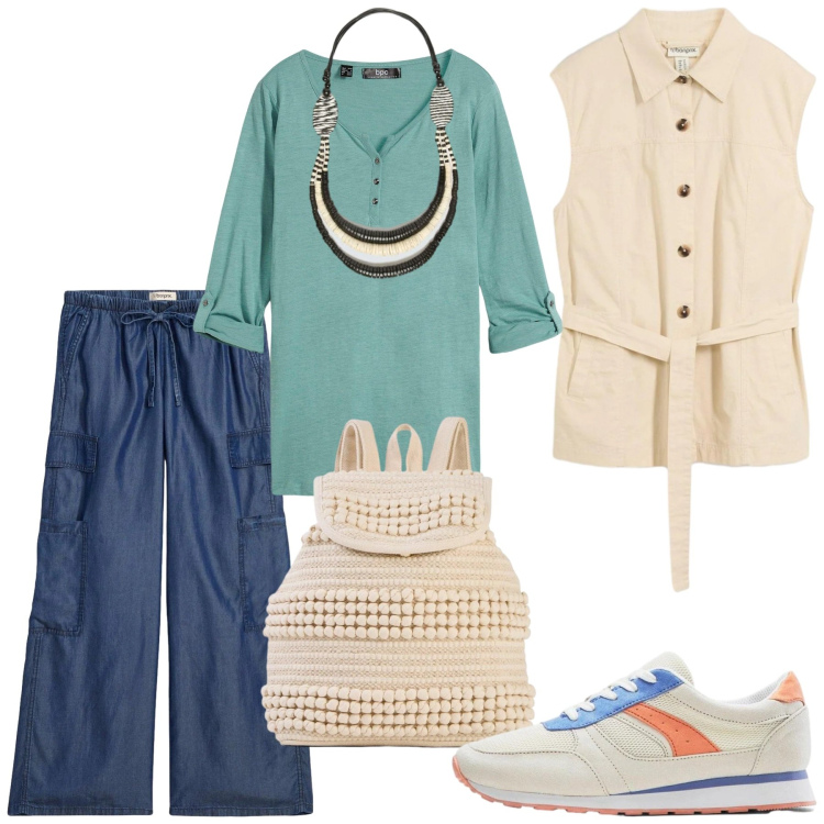 Outfit donna - Total look #2387209. Stile Casual per Tutti i giorni. Abbinamento con cardigans, pantaloni, zaini, gilet, sneakers, collane.