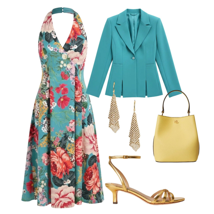 Outfit donna - Cerimonia in primavera. Stile Romantica per Cerimonia. Abbinamento con vestiti midi/longuette, blazer, sandali in pelle, orecchini, borse a secchiello.