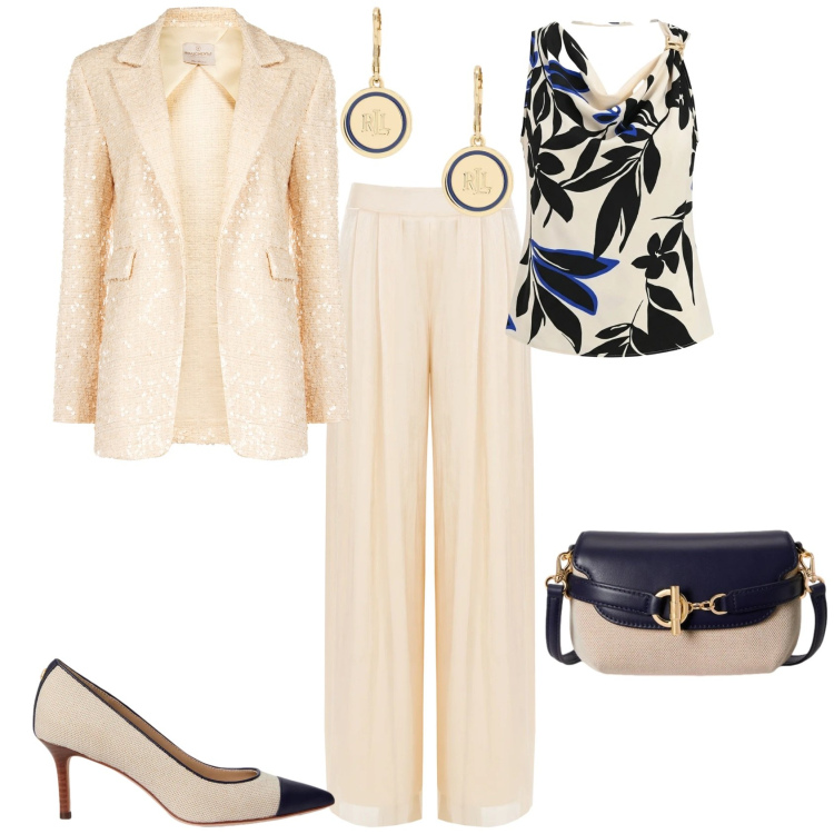 Outfit donna - Chic cerimonia evento serata. Stile Chic per Cerimonia. Abbinamento con canottiere, blazer, pantaloni a palazzo, décolleté, borse a tracolla, orecchini.