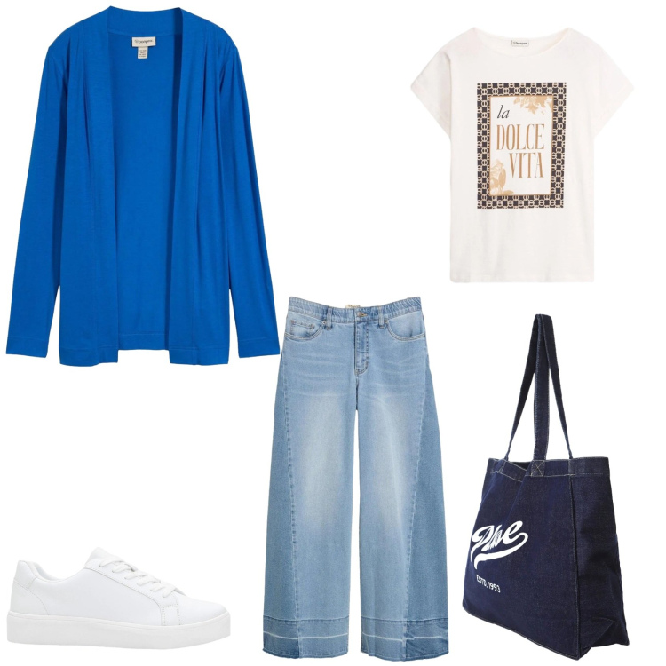 Outfit donna - La Dolce Vita. Stile Minimal per Tutti i giorni. Abbinamento con cardigans, sneakers, jeans, t-shirt, shopping bag.