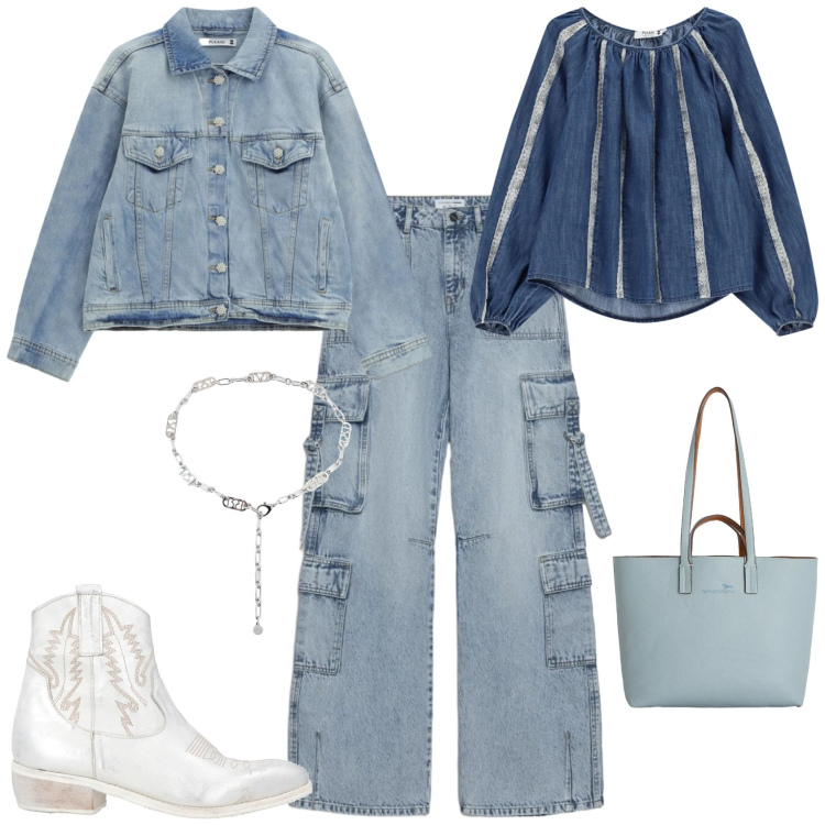 Outfit donna - Casual tempo libero. Stile Casual per Tutti i giorni. Abbinamento con stivaletti texani, jeans, cinture, bluse, blazer, shopping bag.