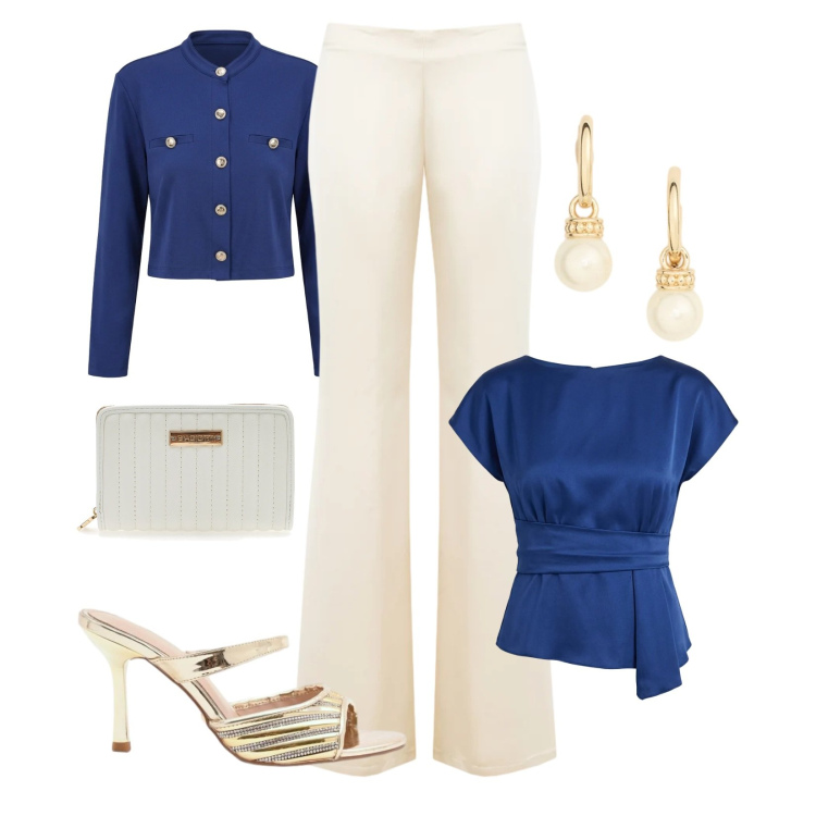Outfit donna - Outfit raffinato. Stile Chic per Cerimonia. Abbinamento con sabot, pantaloni a palazzo, bluse, cardigans, orecchini, portafogli.