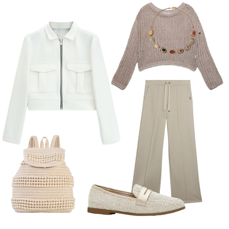 Outfit donna - Tempo libero. Abbinamento con zaini, mocassini, maglieria, collane, cappotti, pantaloni.