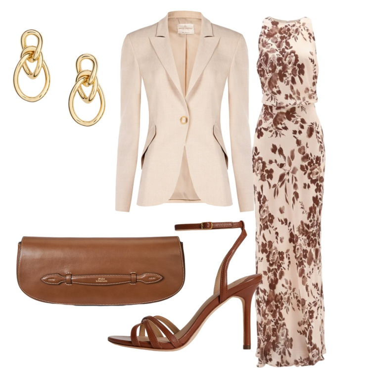 Outfit donna - Toni delicati per una cerimonia. Stile Chic per Cerimonia. Abbinamento con blazer, vestiti lunghi, clutch, orecchini, sandali in pelle.