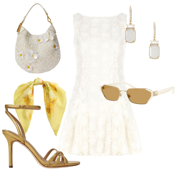 Outfit donna - Facciamo festa. Stile Glamour per Cerimonia. Abbinamento con vestiti corti, sandali in pelle, orecchini, pochette, foulard, occhiali da sole.