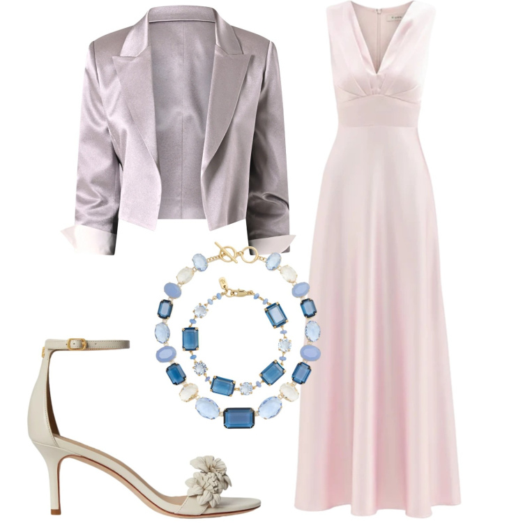 Outfit donna - Cerimonia in cipria. Stile Chic per Cerimonia. Abbinamento con vestiti lunghi, bolero, sandali in pelle, collane, braccialetti.
