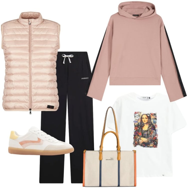 Outfit donna - Sporty chic in primavera. Stile Sporty chic per Tutti i giorni. Abbinamento con sneakers, borse tote, t-shirt, piumini, felpe con cappuccio, pantaloni sportivi.